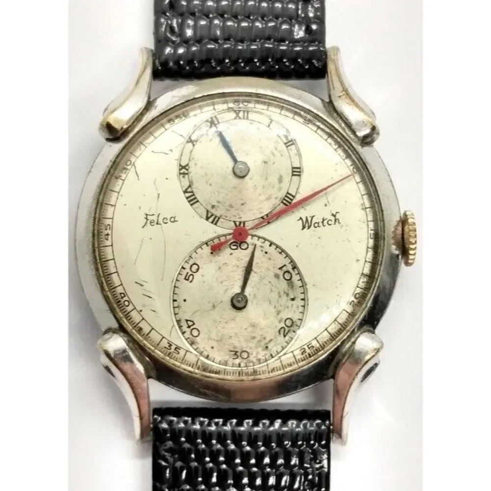 Rare Vintage Felca Regulator Men's Watch Swiss Silver Tone Retro Wristwatch
